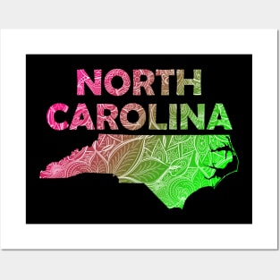 Colorful mandala art map of North Carolina with text in pink and green Posters and Art